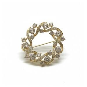 Elegant Gold Plated Wreath Style Brooch Pin for Women White Crystals